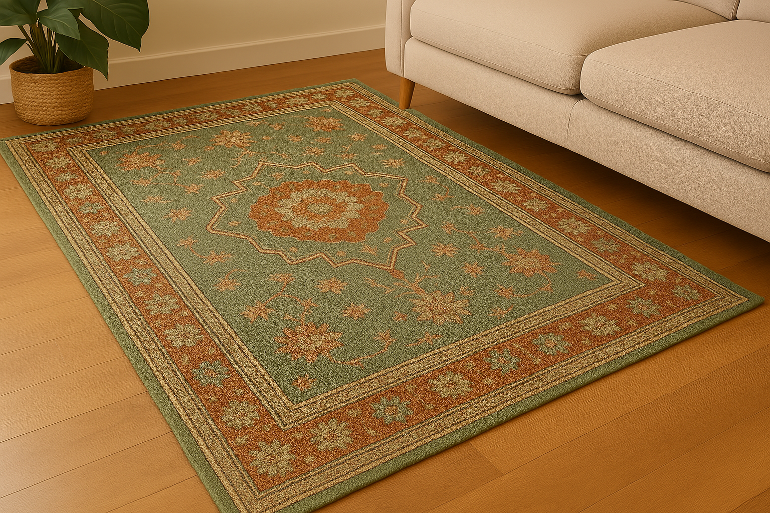 Rugs in the traditional green and rust colors