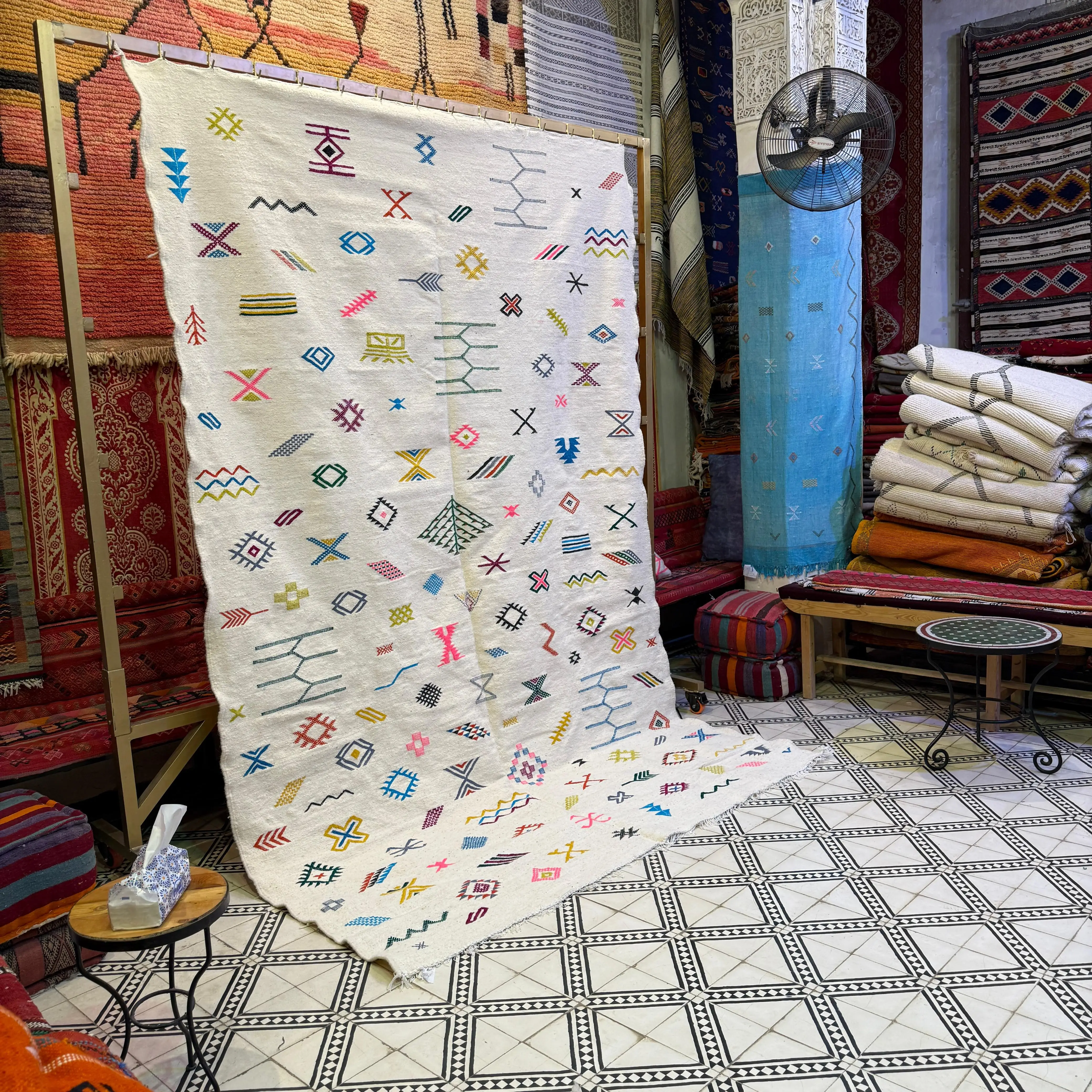 Artistic Moroccan Rug | White Boujaad Carpet | Amazing Multicolored Berber Rug | Fabulous & Colorful Boujaad Design
