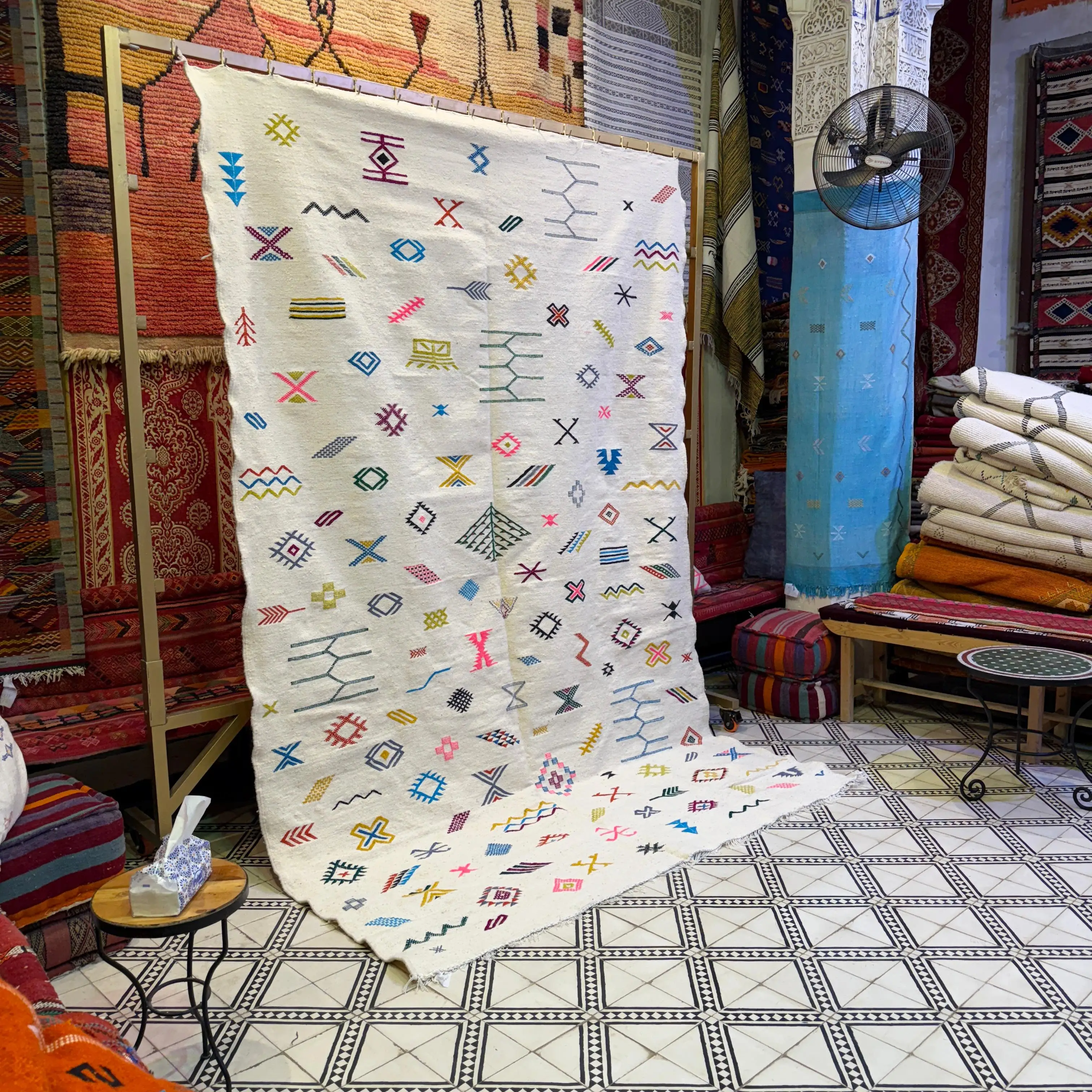 Artistic Moroccan Rug | White Boujaad Carpet | Amazing Multicolored Berber Rug | Fabulous & Colorful Boujaad Design