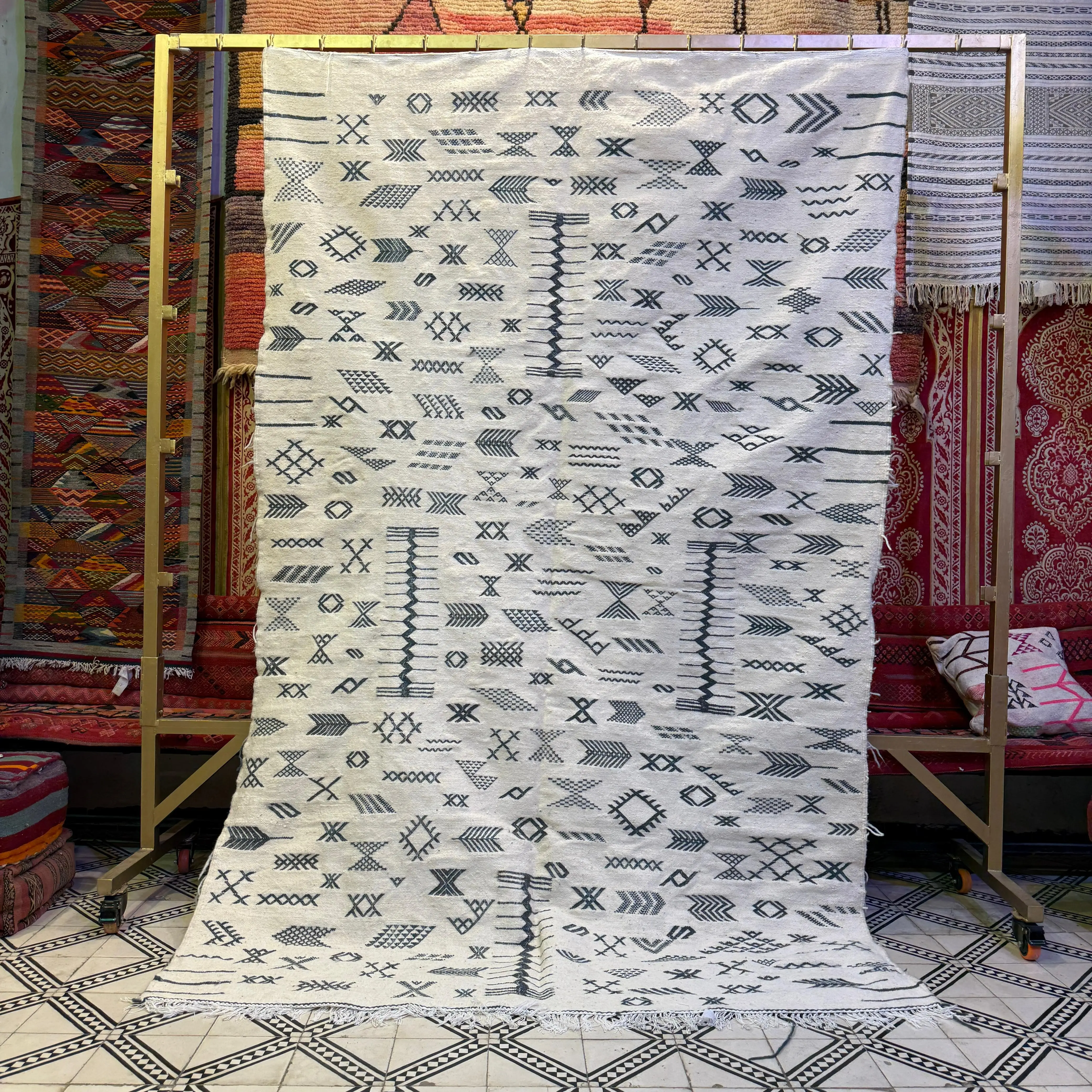 Artistic Moroccan Boujaad Rug | Handwoven White Berber Carpet | Vibrant Multicolored Design