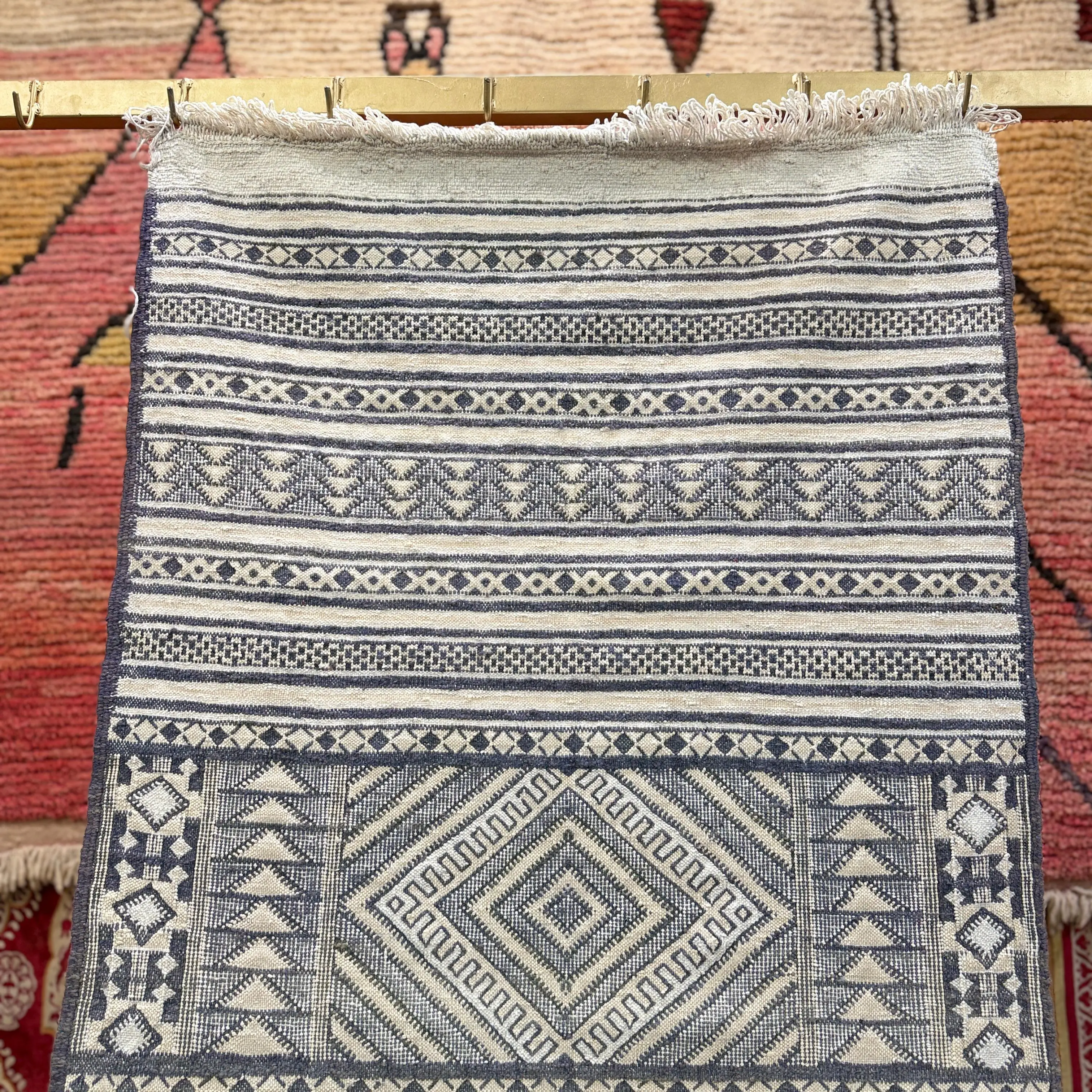 Vintage Wool Jute Kilim Rug | Handmade Kilim Dhurrie Runner | Wool & Jute Flatweave Carpet