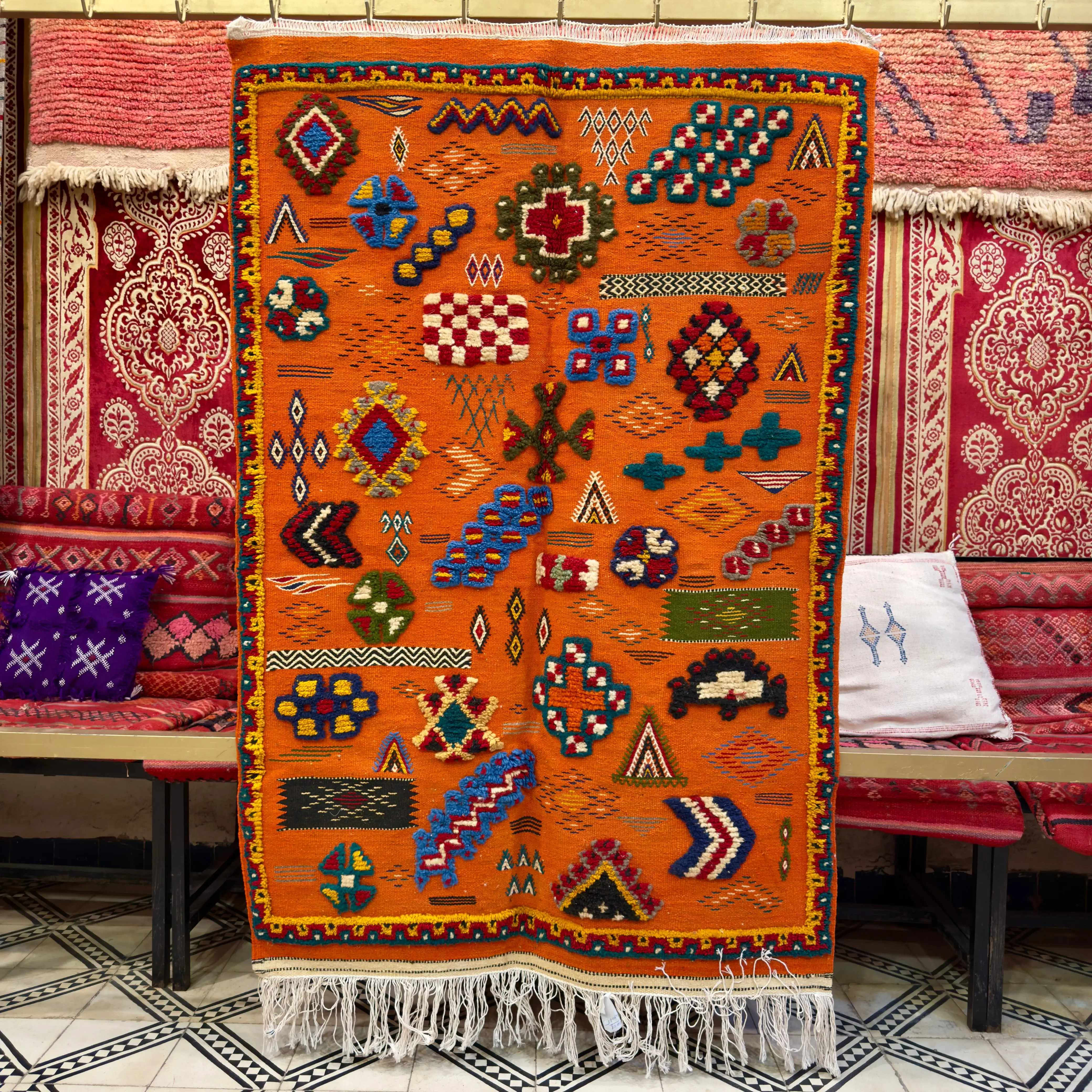Orange Rug | 3-Techniques Berber Masterpiece (150 × 100 cm / 4.9 × 3.2 ft)