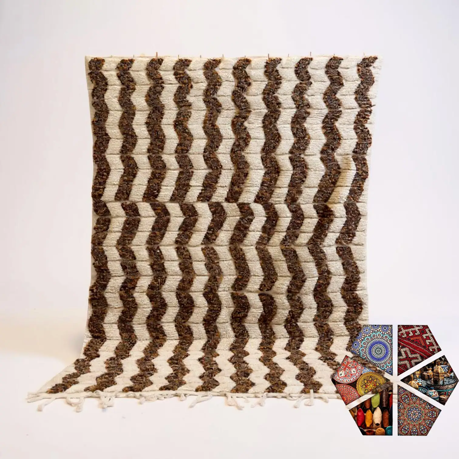 Hand-Knotted Boujaad Rug – 300 x 180 cm | White & Brown Vertical Geometric Design by Fatima