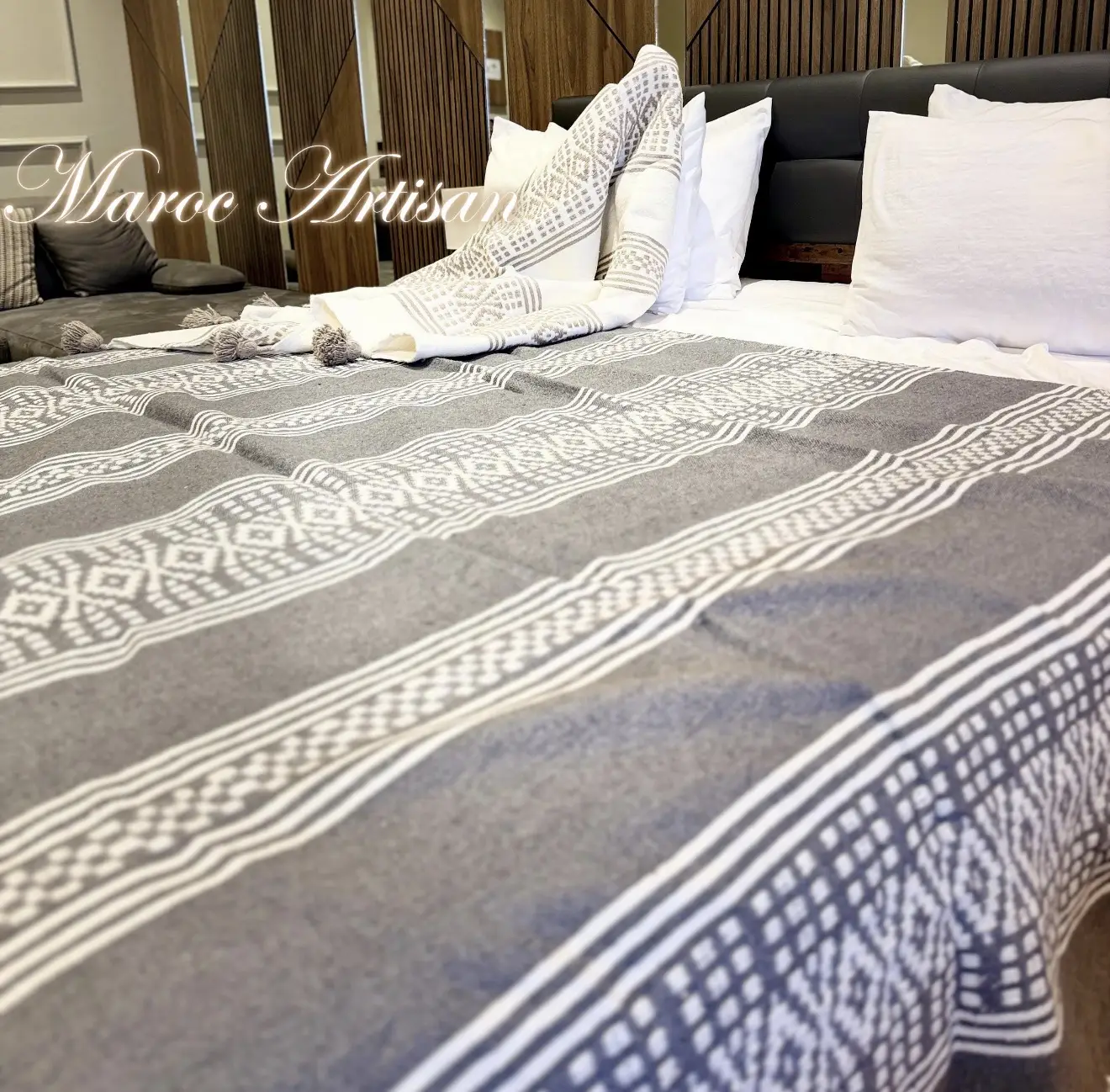 Authentic Moroccan Pom Pom Blanket – Grey & White Berber Loom Bedspread - Artisanal Pillows & Handwoven Wool Blankets