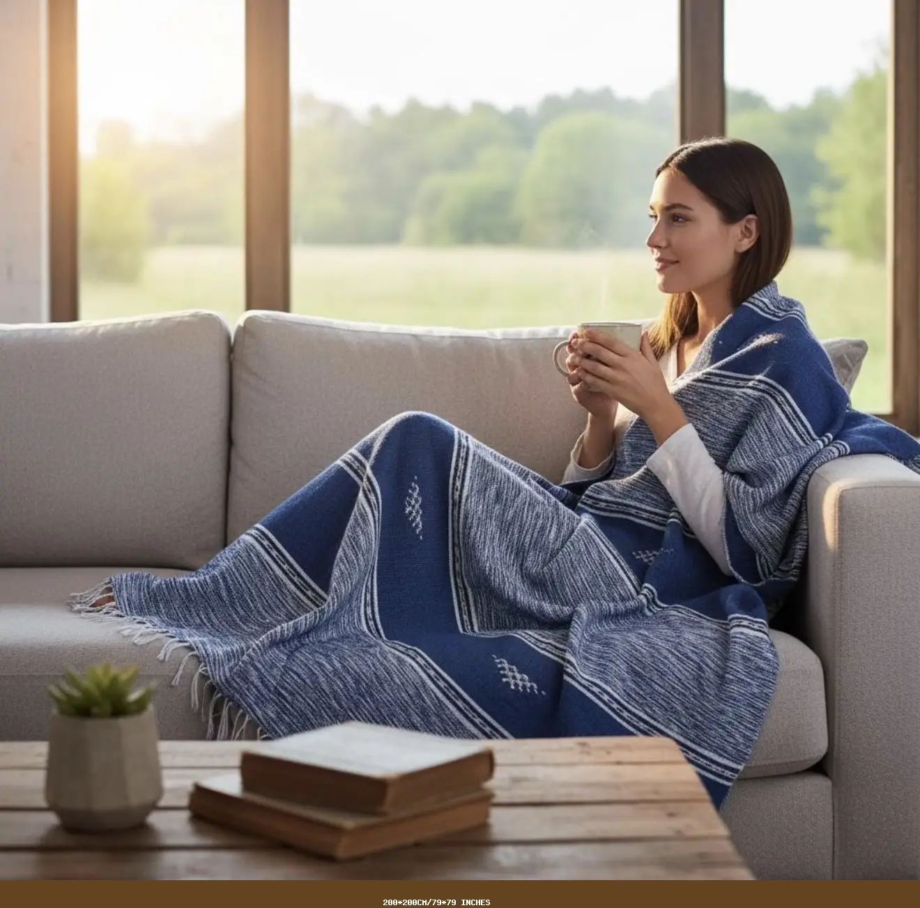 Handwoven Moroccan Berber Blanket – Wool & Cotton Indigo Blue Throw - Artisanal Pillows & Handwoven Wool Blankets