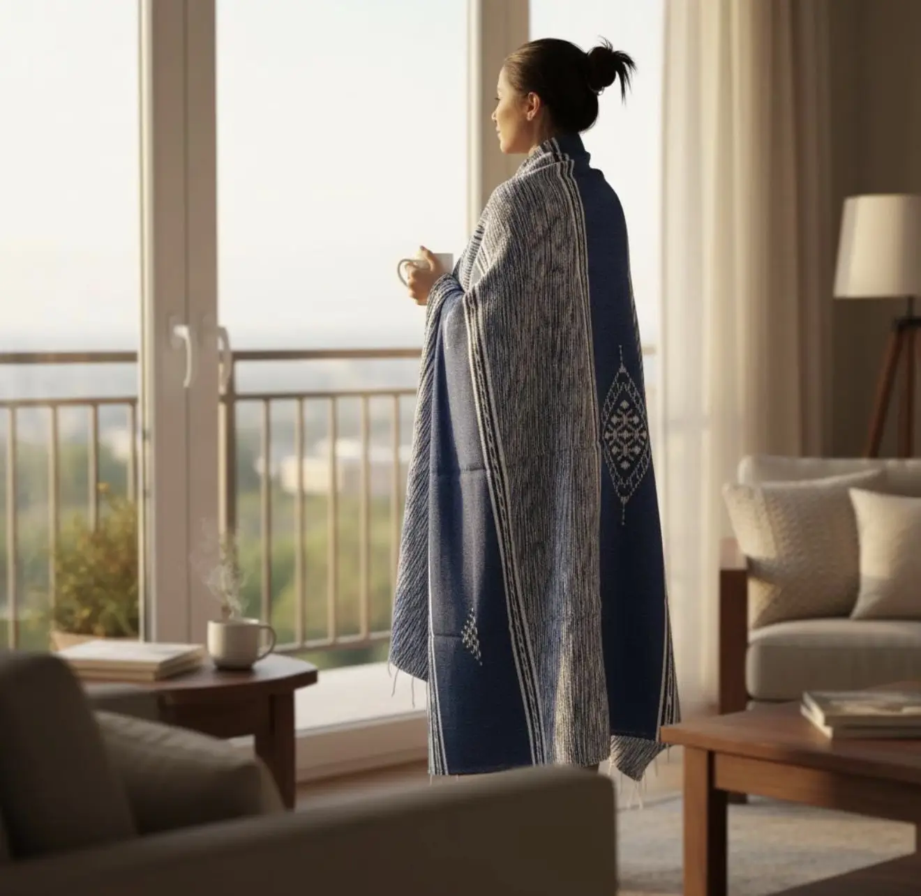 Handwoven Moroccan Berber Blanket – Wool & Cotton Indigo Blue Throw - Artisanal Pillows & Handwoven Wool Blankets