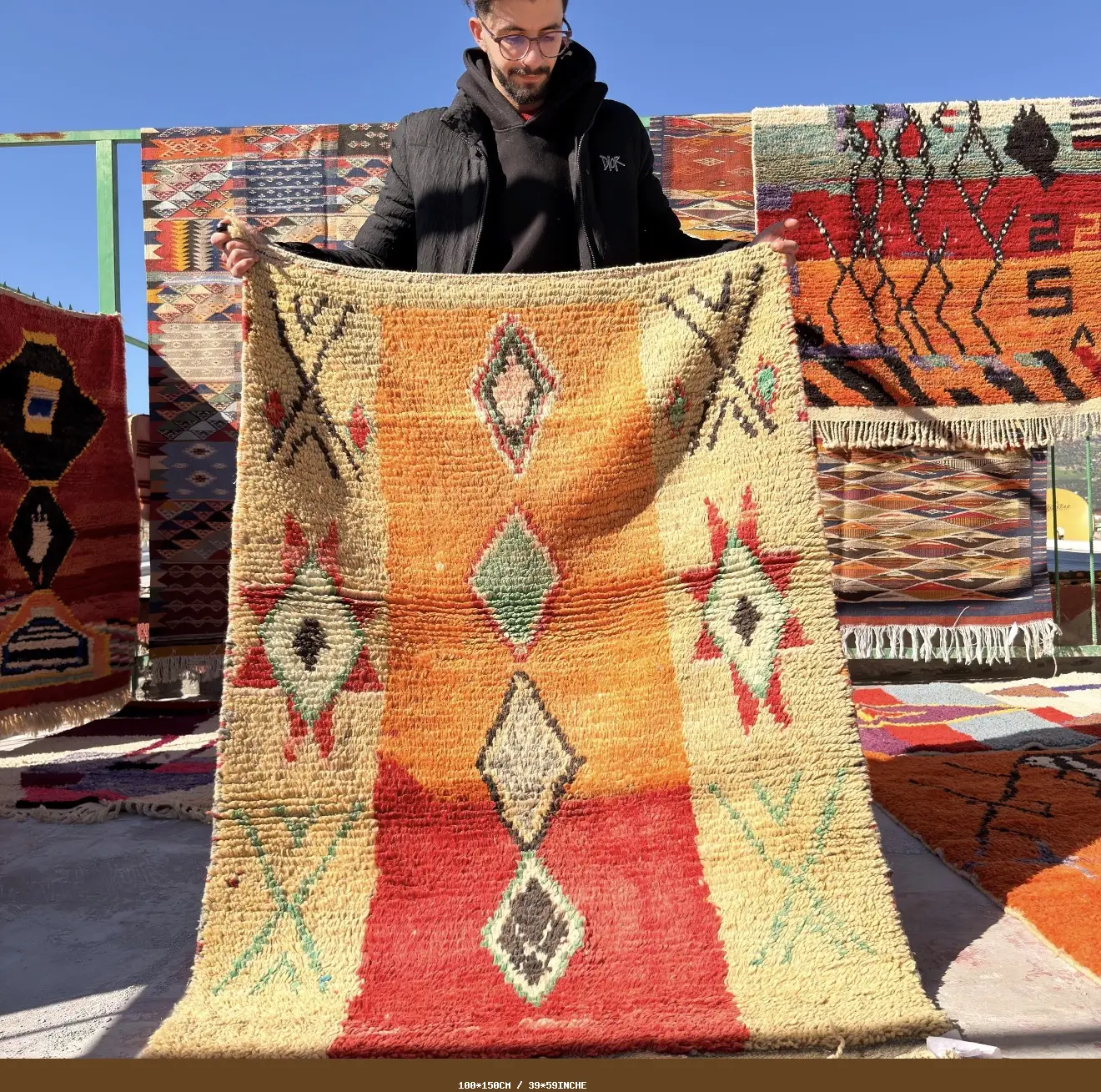 Handwoven Moroccan Wool Rug – Tribal Geometric Design in Orange, Red & Cream - Custom-Made Rug