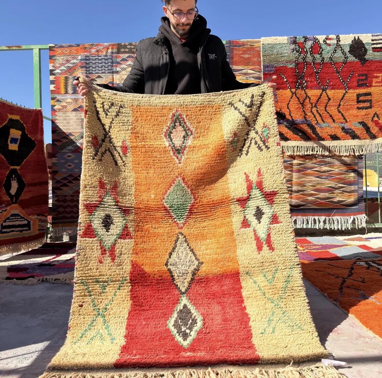 Handwoven Moroccan Wool Rug – Tribal Geometric Design in Orange, Red & Cream - Custom-Made Rug